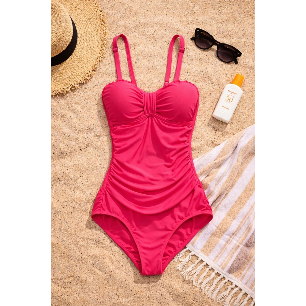 Pink Ruched One Piece Swimsuit Tummy Control Barbiecore Retro Glam Size M